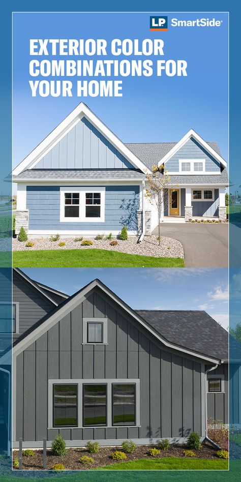 Looking for color inspiration for your home’s exterior? Instead of narrowing your search to a single color, consider choosing a set of colors to create a cohesive design. LP® SmartSide® ExpertFinish®  Trim  Siding’s color quiz will help you find the perfect palette for your home’s main exterior, accent and trim details. #getthelpsmartsidelook #siding #exteriorinspiration #exteriorcolor #curbappeal #sidingcolor Composite Siding Colors, New Siding On House Exterior Colors, 2 Tone Gray House Exterior, Two Color Siding Exterior, Mix And Match Exterior Siding, Timberland Suede Lp Siding, Lp Siding Colors, Mixing Siding Styles, Vynil Siding Colors For Houses