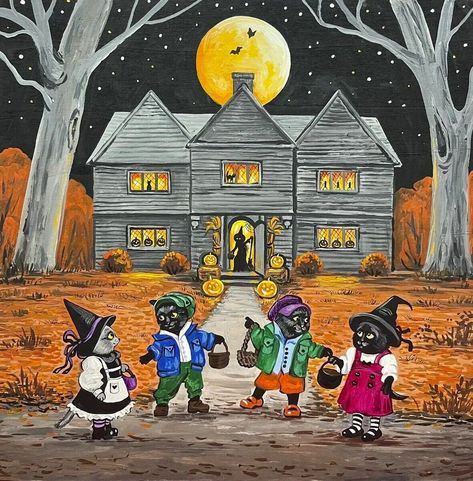 A 225 pieces jigsaw puzzle from Jigidi Margaryta Yermolayeva, Salem Witch House, Black Cat Witch, Witch Ghost, Fall Landscape, Cat Hacks, Salem Witch, Witch House, Art Halloween