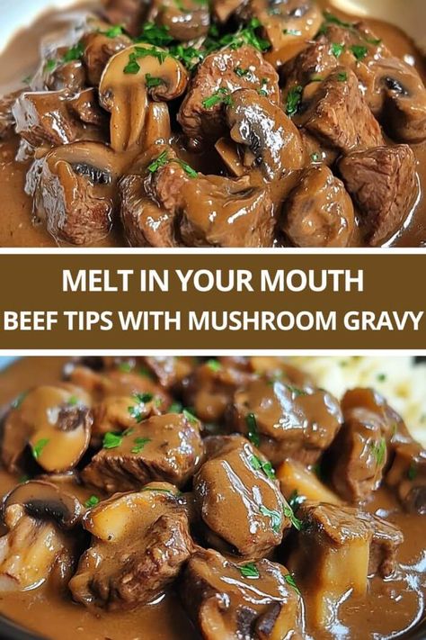 Melt In Your Mouth Beef Tips with Mushroom Gravy Beef And Mushroom Crockpot, London Broil Beef Tips, Mushroom Beef Tips, Butter Beef Tips, Beef Tips Instant Pot Recipes Easy, Crock Pot Beef And Mushrooms, Beef Mushroom, Burgundy Beef Tips, Slow Cooker Sirloin Tips