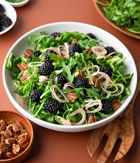 Blackberry Arugula Salad Blackberry Arugula Salad, Blackberry Salad, Arugula Recipes, Arugula Salad Recipes, Baked Goat Cheese, Creamy Feta, Squash Vegetable, Dijon Vinaigrette, Toast In The Oven