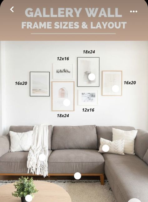 Photos Above Couch, Pictures Above Couch, Gallery Wall Art Ideas, Gallery Wall Frame Sizes, Wall Behind Couch, Above Couch Decor, Photowall Ideas, Mirror Decor Living Room, Wall Layout