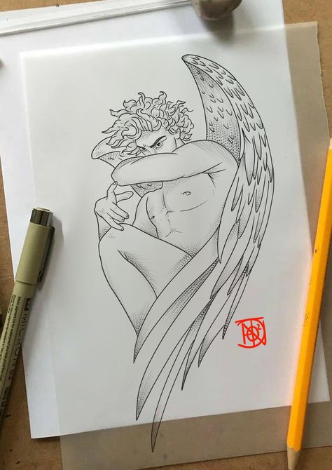 Lucifer Drawing, Atlas Tattoo, Realistic Tattoo Sleeve, Clover Tattoos, Angel Tattoo Designs, Religious Tattoos, Spooky Tattoos, Tattoo Style Drawings, Silhouette Stencil