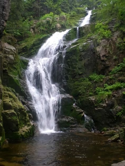 Nature. Self care. Waterfalls. Travel. Re. by JZ.  📸 by JZ 📍Poland Waterfalls Aesthetic, Waterfalls Pictures, Rainforest Waterfall, Poland Nature, Waterfall Aesthetic, River Waterfall, Nature Reference, Winding River, Nature Waterfall