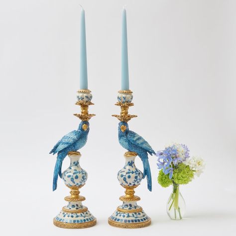 Mrs Alice, Blue Candlesticks, Sleek Decor, Blue Placemats, Starter Plates, Pagoda Lanterns, Blue Parrot, Bird Stand, Green Candle