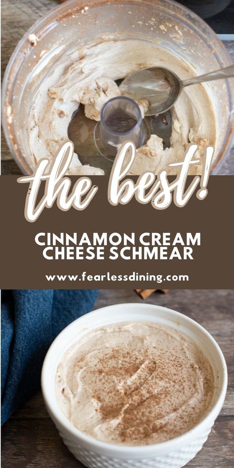 You will love how easy this homemade creamy cinnamon cream cheese spread is. No bagel or sweet potato toast is complete without a good schmear. Top sweet potato toast, or dip fruit into this sweet maple cinnamon cream cheese dip. www.fearlessdining.com Diy Flavored Cream Cheese, Sweet Bagel Toppings, Bagel Schmear Recipe, Cinnamon Spread Recipe, Bagel Spread Recipes, Cinnamon Bagels, Cream Cheese Spread Recipes, Bagel Spread, Homemade Breakfast Recipes