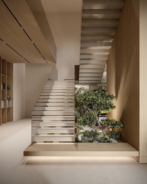 Zen in Bahrain: A Contemporary Haven of Sleek Lines and Organic Shapes Minimal Villa, U Shaped Stairs, U Shaped Staircase, Staircase Architecture, Landscape Stairs, Staircase Design Modern, Contemporary Staircase, House Staircase, Minimal Living Room