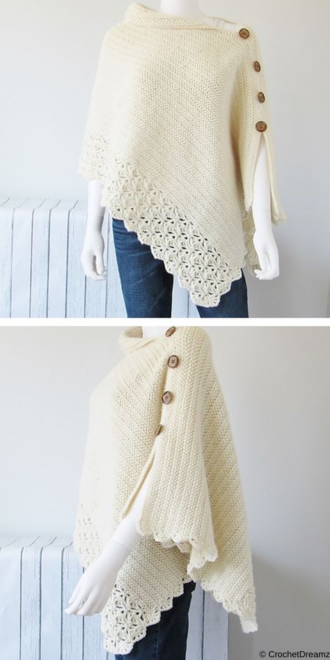 Fashionable Ponchos Free Crochet Pattern. This poncho has a knit-look bodice embellished with a lace hem. Thanks to its buttons this Uptown Poncho is original and eye-catching. If you want girly look, light colour like beige or white will be perfect, but you can also choose another colour.  #freecrochetpattern #poncho Poncho Crochet Pattern, Crochet Poncho Pattern, Modern Haken, Poncho Patterns, Crochet Wearables, Crochet Poncho Free Pattern, Crochet Cardigans, Poncho Crochet, Crochet Poncho Patterns