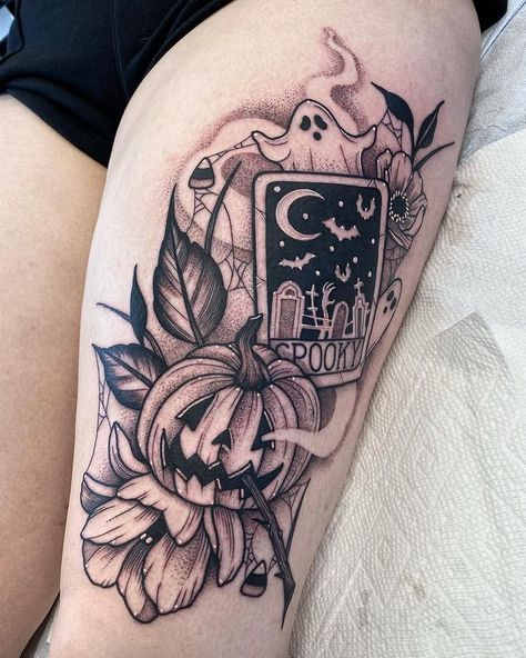 All Posts • Instagram Halloween Calf Tattoo, Spooky Whimsical Tattoo, Halloween Spine Tattoo, Halloween Shoulder Tattoo, Cauldron Tattoo Ideas, Spooky Feminine Tattoos, Spooky Thigh Tattoos Women, Spooky Chest Tattoo, Spooky Tattoo Designs