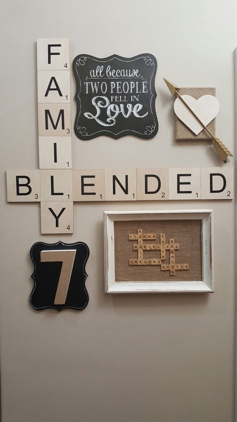 Living Room Scrabble Wall, Diy Family Canvas Ideas, Cricut Living Room Wall Decor, Blended Family Wall Art, Blended Family Cricut Projects, Blended Family Photo Wall, Blended Family Home Decor, Blended Family Picture Wall Ideas, Blended Family Wall Decor