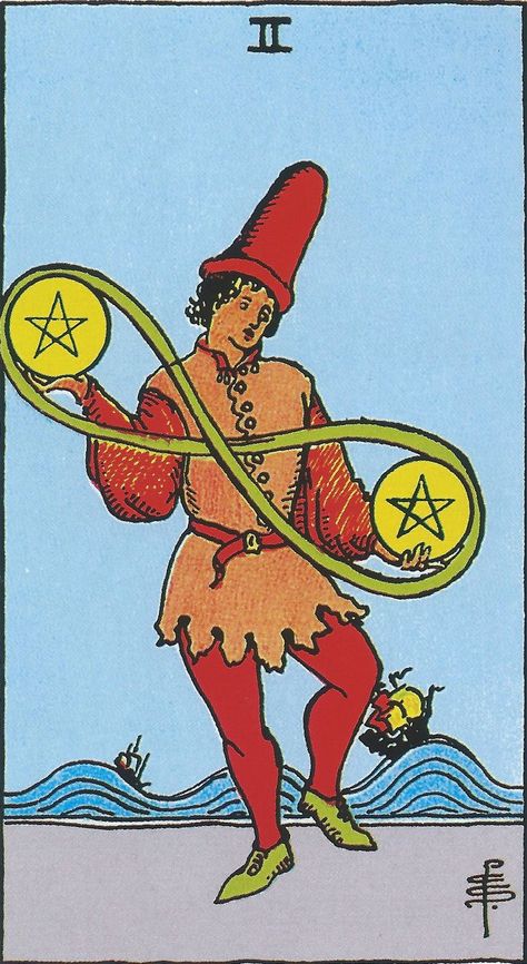 2 Of Pentacles, Suit Of Pentacles, Two Of Pentacles, Tarot Cards Art Illustration, Tarot The Fool, Pentacles Tarot, Manage Time, Robert Greene, Pentacles