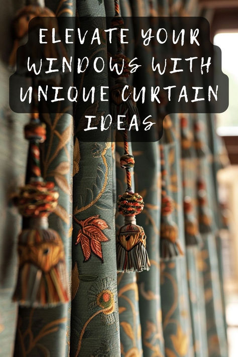 Want to drape your rooms in something special? Click to find unique curtains that add personality and flair to your interiors. Let's transform your home! 🎭🏘️ #DrapeUnique #RoomPersonality #CurtainFlair #HomeTransform #InteriorPersonality Dramatic Drapes Bedroom, Modern Victorian Window Treatments, Black Walls With Curtains, Curtain Embellishments Diy, Unique Curtain Ideas Creative, Curtain Alternatives Living Room, Interesting Curtains, Mixing Curtains In One Room, Library Curtains