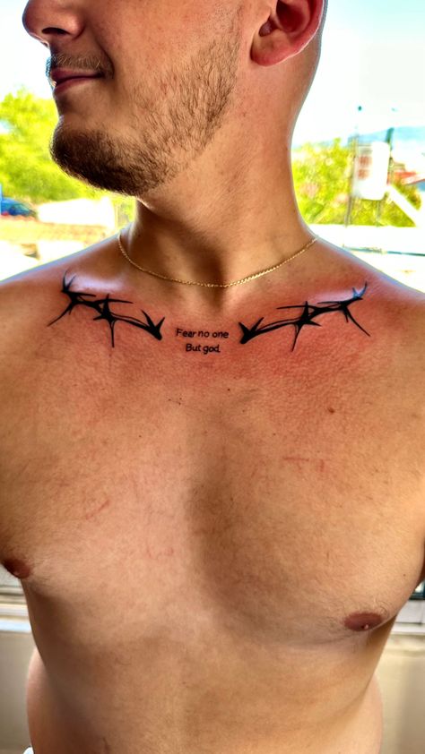 Medium Chest Tattoo Men, Men’s Collarbone Tattoos, Mens Collar Bone Tattoo, Colar Bone Tattoo Men, Collar Bone Tattoo For Men, Front Neck Tattoo, Bone Tattoo, Chest Tattoo Men, Collar Bone Tattoo