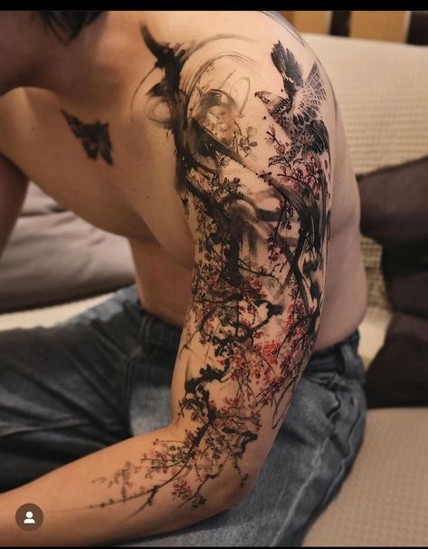 Men’s Back Neck Tattoo, Green And Red Tattoo, Cool Sleeve Tattoos For Guys, Mens Body Tattoos, Arm Tattoos For Guys Forearm, Tree Sleeve, Green Tattoos, Sketch Style Tattoos, Korean Tattoos