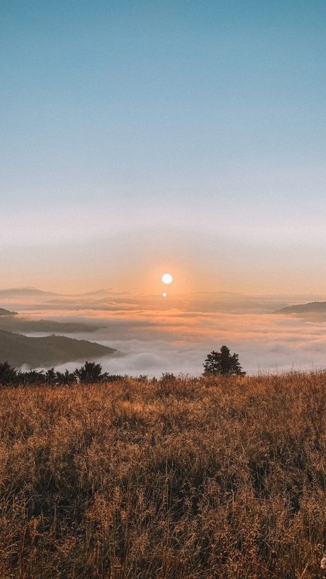 Foggy Morning Wallpaper, Sunrise Aesthetic Mountain, Foggy Sunrise Aesthetic, Morning Playlist Cover Aesthetic, Cosy Wallpaper Iphone, Outdoor Aesthetic Wallpaper, Dawn Aesthetic Wallpaper, Iphone Mountain Wallpaper, Dawn Wallpaper Aesthetic