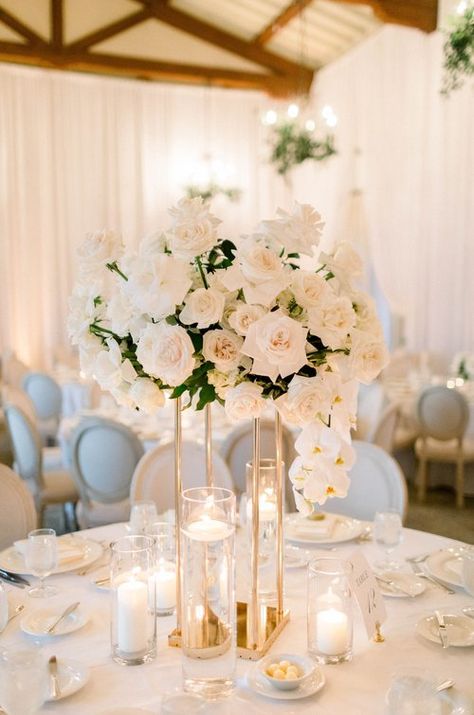 Maggie & Ty - BABC — The Flower Lab Classic Table Decor Wedding, White Flowers Sweetheart Table Wedding, Wedding Table Tall Centerpieces, Sweethearts Table Decorations, Center Piece Round Table, White Flowers And Candles Wedding, Wedding Sweetheart Table Ideas Elegant, Champagne Wedding Table Decor, Sweetheart Table Wedding Elegant