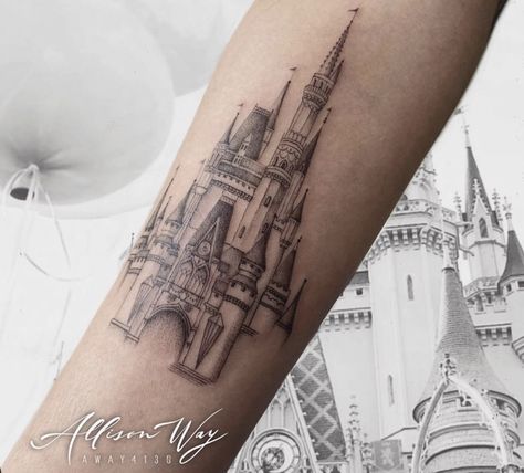 Magic Kingdom Castle Tattoo, Cinderella's Castle Tattoo, Disney Themed Tattoos Sleeve, Cinderella Castle Tattoo, White Fox Tattoo, Cinderella Tattoo, Disney Castle Tattoo, Disney Tattoos Quotes, Magic Kingdom Castle