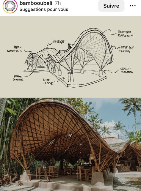 Curved Structure Architecture, Bamboo Houses Architecture, Modern Bamboo Architecture, Public Pavilion Architecture, Grid Shell Structure, Bamboo Structure Architecture, Organic Architecture Concept Sketch, Waves Architecture, Bamboo Architecture Design