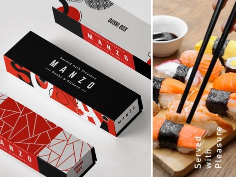 Redesign the packaging for Manzo by Nastya Dulhiier on Dribbble Sushi Graphic Design, Sushi Logo, Sushi Menu, Sushi Design, Event Card, Sushi Bar, Food Packaging Design, Photography Marketing, Restaurant Supplies