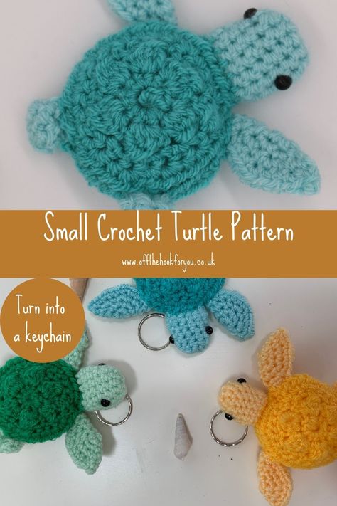 Small Crochet Turtle Keychain- Free Pattern - off the hook for you Crochet Key Chains Free Pattern Flower, Crochet Key Rings Free Pattern, Crochet Buddies, Crochet Keychain Patterns, Crochet Keyring Free Pattern, Small Crochet Gifts, Crochet Turtle Pattern, Keychain Patterns, Small Patterns