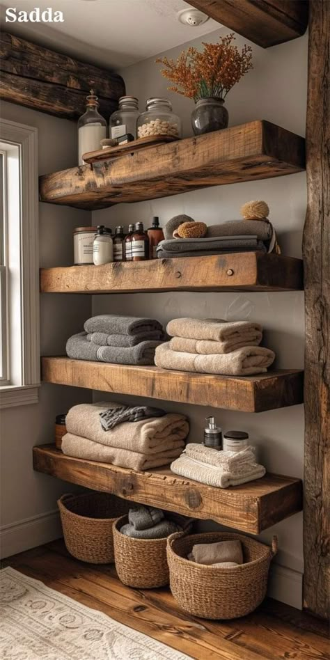 Wooden Home Aesthetic, Dark Farmhouse Bathroom Ideas, Country Modern Home Decor, Rustic Air Bnb Ideas, Master Bathrooms With Closets, Bathroom Wood Beams, Bathroom Extra Space Ideas, Natural House Design Interior, Bathroom Design Modern Farmhouse