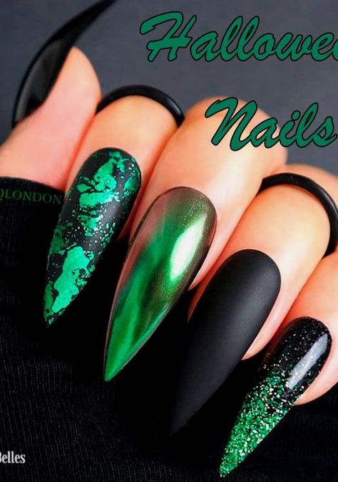 Witchy Nails, Goth Nails, Stiletto Nails Designs, Nail Essentials, Halloween Nail Art, French Tip Nails, Stiletto Nails, Green Nails, Green And Black