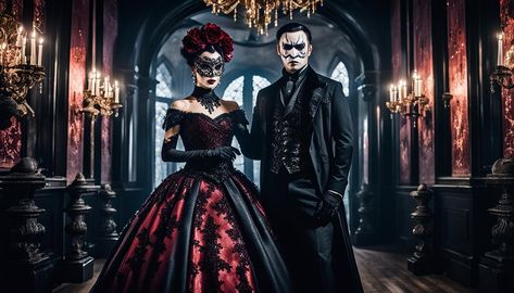 🎭 Join Us at the Enchanting Gothic Masquerade Ball – A Night of Rare Elegance and Mystery 🌹✨ Masquerade Ball Couple, Fantasy Masquerade Ball, Victorian Masquerade Ball, Gothic Ballroom, Fantasy Masquerade, Ball Couple, Victorian Masquerade, Gothic Masquerade, Haunting Beauty