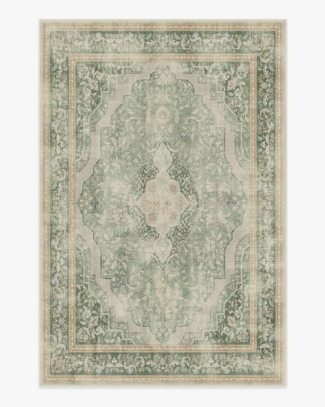 Inspired by classic European rug patterns, our Adeline Natural Sage Rug features a gently distressed diamond medallion with ornate corners and borders in shades of sage green, terracotta, gold, teal, and cream. Water-resistant, stain-resistant, and machine-washable. Green Ruggable Rug, Sage Green Rug, Sage Rug, Yellow Grey Rug, Rug Patterns, Ruggable Rug, Burgundy Rugs, Area Rug Runners, Rug Stain