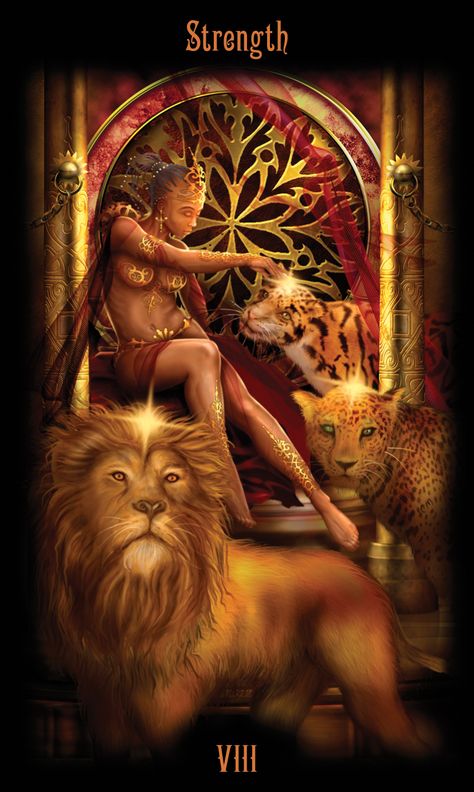 VIII - La force - Legacy of the Divine Tarot par Ciro Marchetti Tarot Cards Major Arcana, Divine Tarot, Strength Tarot, Tarot Major Arcana, Tarot Cards Art, Rider Waite, Angel Cards, Minor Arcana, Tarot Art