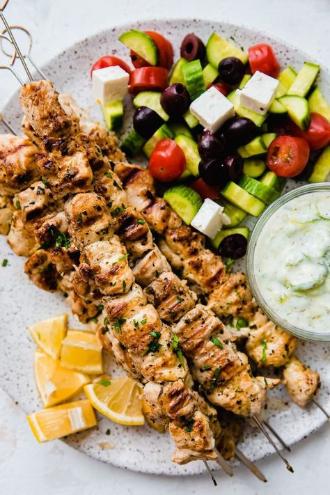 Greek Chicken Souvlaki Recipe | Little Spice Jar Greek Chicken Souvlaki Recipe, Souvlaki Skewers, Chicken Souvlaki Recipe, Greek Chicken Souvlaki, Souvlaki Recipe, Greek Gyros, How To Cook Greens, Homemade Tzatziki Sauce, Chicken Souvlaki