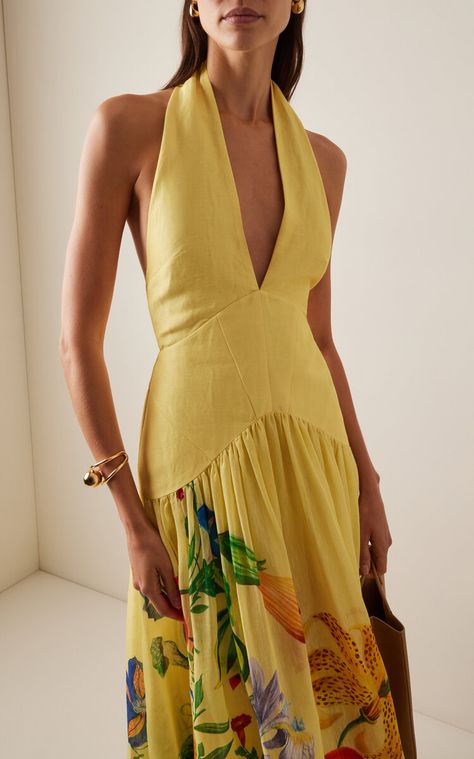 Island Wedding Guest Dress, Yellow Summer Dresses, Flowy Outfits, Yellow Dahlia, Linen Gown, Halter Gown, T Dress, Sleeveless Gown, Girly Dresses