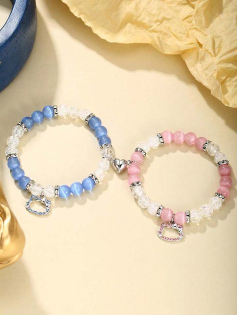 2 Unidades De Pulsera Con Cuentas De Moda, Cuentas De Color Rosa Claro Y Azul Claro Con Lindo Colgante Hueco De Gato | SHEIN USA Color Celeste, Fashion Beads, Cat Pendant, Cat Pendants, Watches Women Fashion, Pink Beads, Color Rosa, Maternity Bag, Fashion Online Shop