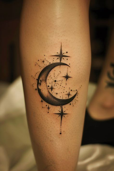 Sister Celestial Tattoos, Stars And Moon Tattoo Sleeve, Star Cover Up Tattoos For Women, Magical Moon Tattoo, Small Crescent Moon Tattoo Design, Moon Design Tattoo, Moon With Stars Tattoo, Moon Tattoo Men, Moon Tattoos For Women