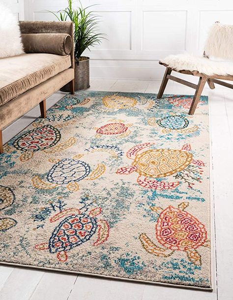 Unique Loom Positano Collection Coastal Modern Turtles Beige Area Rug (8' x 10') Turtle Bathroom Ideas, Turtle Bedroom Ideas, Coastal Living Room Rugs, Turtle Bedroom, Beach House Rugs, Turtle Bathroom, Beach Rugs, Shed Colours, Turtle Decor