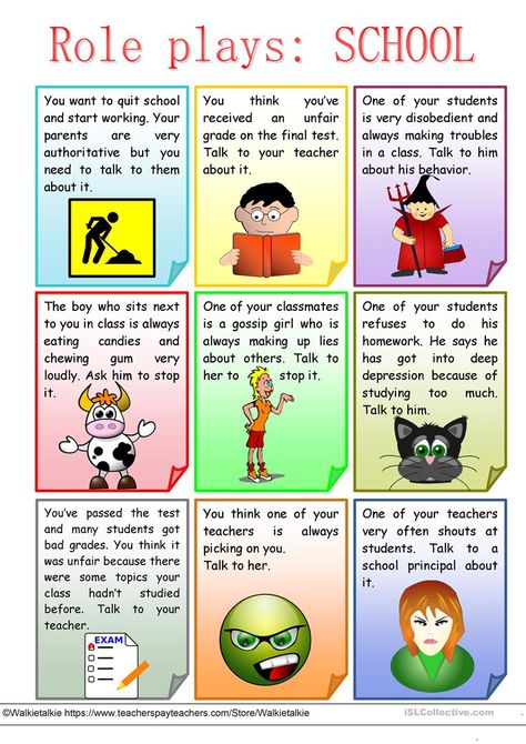 ROLE PLAYS - SCHOOL - English ESL Worksheets for distance learning and physical classrooms Role Plays English, Role Playing Activities For Kids, English Materials Teaching, School English, Role Playing Ideas, Role Playing, Values Inculcation Activities, Role Playing Games, English Class Activities