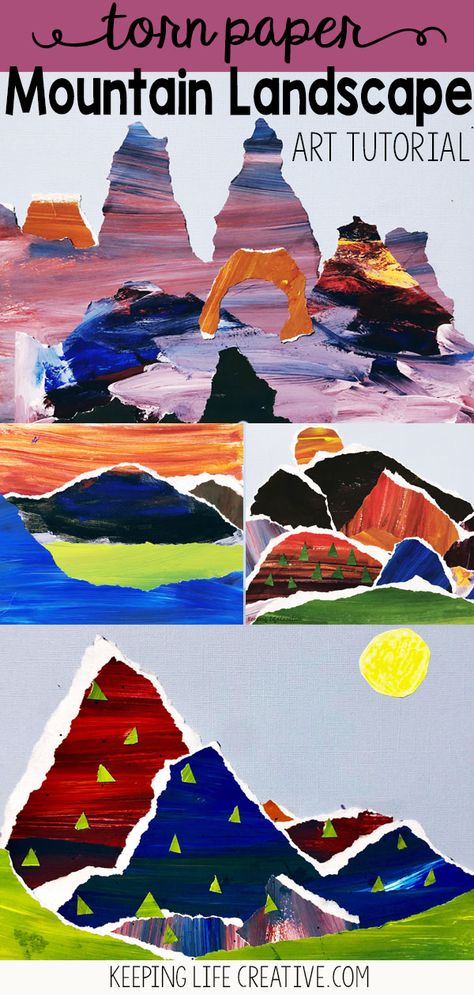 This Torn Paper Mountain Landscape Art project creates a unique visual for kids when learning about faith to “move a mountain,” mountain landforms —  or any other mountain lesson. National Park Crafts For Kids, Mountain Classroom, Landscape Art Lessons, Mountain Landscape Art, Mountain Crafts, Recreation Therapy, Toddler Classroom, Landscape Mountain, Grammar School