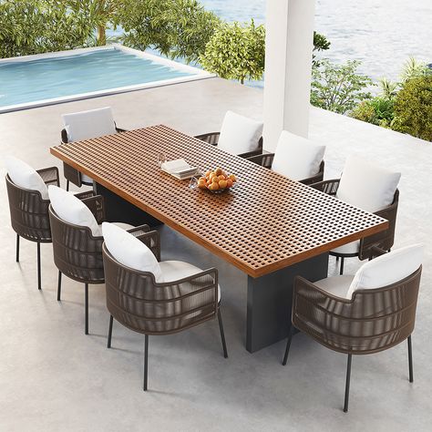 Bring an ideal addition to your outdoor space with this dining table. Featuring a natural and modern style, this dining table can easily bring a touch of glamour to outdoor places such as patio, garden, terrace, etc. Crafted from weather-resistant Teak wood, it is able to withstand numerous unexpected situations and remain durable.-Teak Construction:Teak is a durable, dense, coarse, grained hardwood. It contains high levels of resinous oils that make it naturally resistant to moisture, repellent Backyard Dining Table, Modern Outdoor Dining Sets, Modern Outdoor Dining, Outdoor Patio Table, Mesa Exterior, Teak Dining Table, Patio Dining Table, Modern Patio, Teak Table