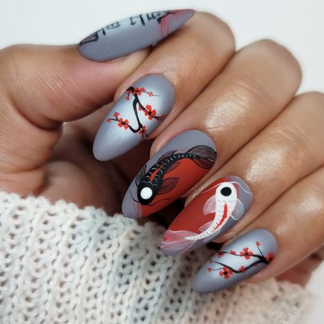 Koi Nails Designs, Fruits Basket Nails, Koi Nails, Structure Art, Fish Nails, Character Nails, Pond Art, Nail Courses, Nail Drawing