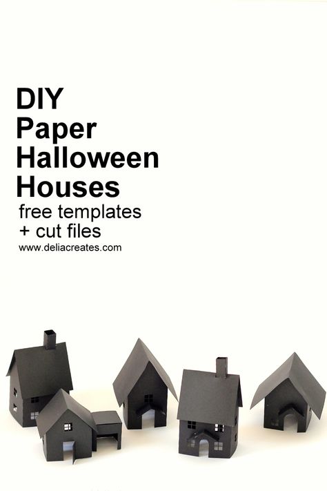 DIY Paper Halloween Houses - free templates + cut files! // www.deliacreates.com Halloween House Template, Diy Paper Houses Christmas, Small Paper Houses Template, Paper Haunted House Templates, 3d Paper House Template, Cricut Paper House Template, 3d Paper Houses Cricut, Diy Christmas Paper Decorations, Paper House Template