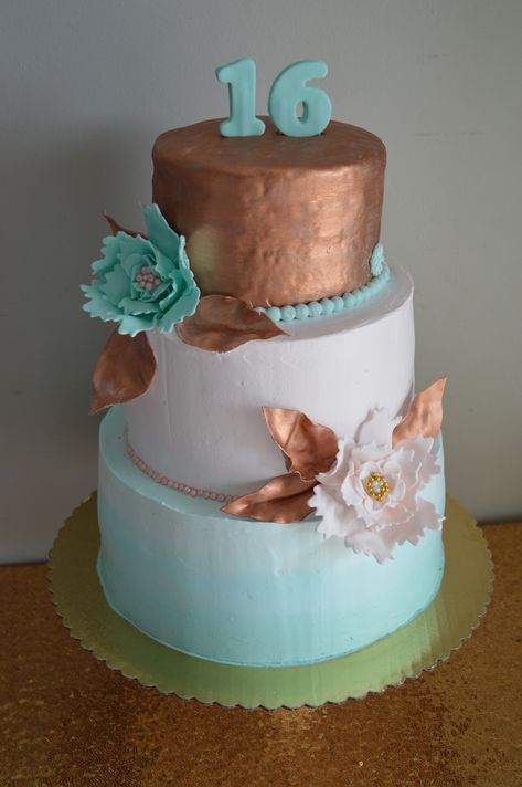 Teal, blush pink and rose gold cake Rose Gold And Teal Birthday Party, Pink And Rose Gold Cake, Teal Birthday Party, Sweet 16 Party Planning, Teal Cake, Teal Birthday, Gold Birthday Decorations, Rose Gold Cake, Cakes Decorating