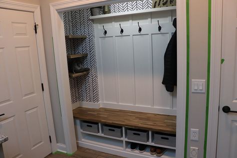 How I Turned This Closet into a Mudroom! Closet Turned Into Bench, Closet Turned Into Cubbies, Hall Closet Mudroom Entrance, Entryway Closet Storage, Hall Closet Transformation, Coat Closet Converted To Mudroom, Closet Turned Into Mudroom With Bench, Built In Closet Mudroom, Entry Closet With Bench