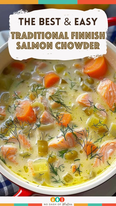 This Traditional Finnish Salmon Chowder is the ultimate comfort food! Creamy broth, tender salmon, and fresh veggies, all brought together with a touch of dill. Ready in just 35 minutes, it’s perfect for a cozy dinner or a warming lunch. Make it tonight and see why this simple, one-pot meal is a family favorite! Save this recipe for your next soup night! Salmon Soup Recipes Chowders, Salmon Soup Dairy Free, Finish Salmon Soup, Finnish Salmon Soup, Salmon Potatoes, Salmon Chowder Recipe, Best Spaghetti Recipe, Smoked Salmon Chowder, Soup Night