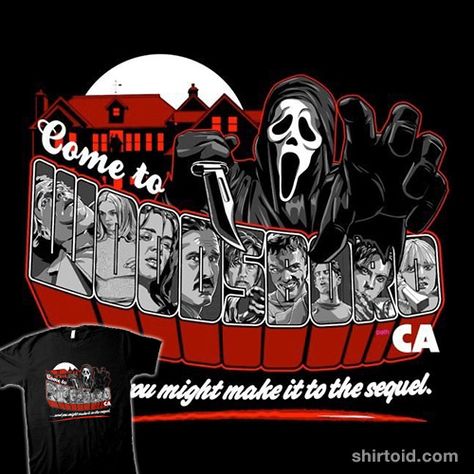 Come to Woodsboro | Shirtoid #boltfromtheblue #film #ghostface #goodidearyan #horror #movies #postcard #scream Ghostface Scream, Scream Movie, Vinyl Gifts, Horror Movie Characters, Ink Transfer, Ghost Faces, Sublimation Paper, Michael Myers, Scary Movies