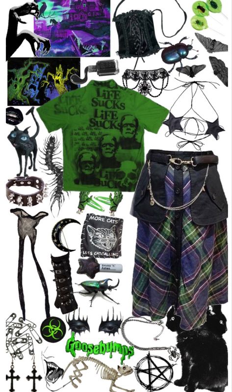 green and purple goth ig Black And Green Alt Outfit, Purple And Green Aesthetic Outfit, Green Goth Clothes, Cartoon Redesign, Green Goth Outfit, Green Cybergoth, Green Goth, Pink Outfits Aesthetic, Demon Queen