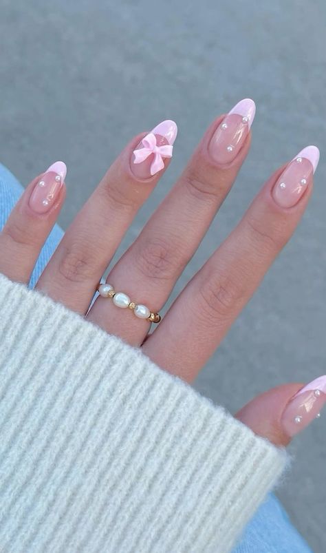 Pink And White Nail Designs Acrylics, Classy Cute Nail Designs, Easy Gel X Nails, Trendy Summer Nails Designs, Trendy Nails Ideas For Summer, Simple Nails Heart, Blue Bow Nails, Cute Pink And White Nails, Heart Nails Gel