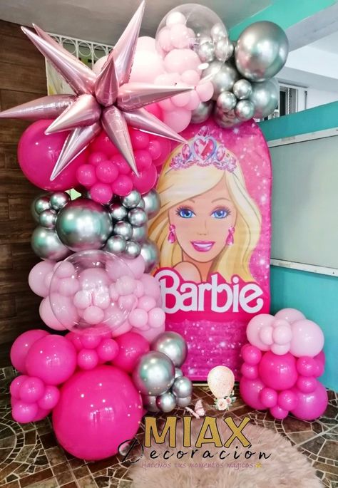 1st Birthday Barbie Theme, Barbie Balloon Decorations, Barbie Decorations Birthday, Backdrop Barbie, Barbie Backdrop, Barbie Decorations, Minnie Mouse Balloons, Baby Gender Reveal Party Decorations, Barbie Party Decorations