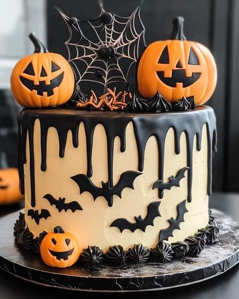 Haunting Halloween Drip Cake 🎃🕸️ Ingredients: - 2 boxes of vanilla or chocolate cake mix (or your favorite homemade recipe) - Ingredients required for cake mix (eggs, oil, water) - 6 cups buttercream frosting (divided) - Black food coloring - Orange food coloring - 1/2 cup black chocolate ganache (for drip effect) - Fondant pumpkins, bats, and spider webs (store-bought or homemade) Directions: 1. Preheat your oven and prepare three 8-inch round cake pans by greasing and lining them with pa... The History Of Halloween, History Of Halloween, Halloween History, Black Food Coloring, Orange Food Coloring, Caking It Up, Homemade Recipe, Drip Cake, Chocolate Cake Mixes