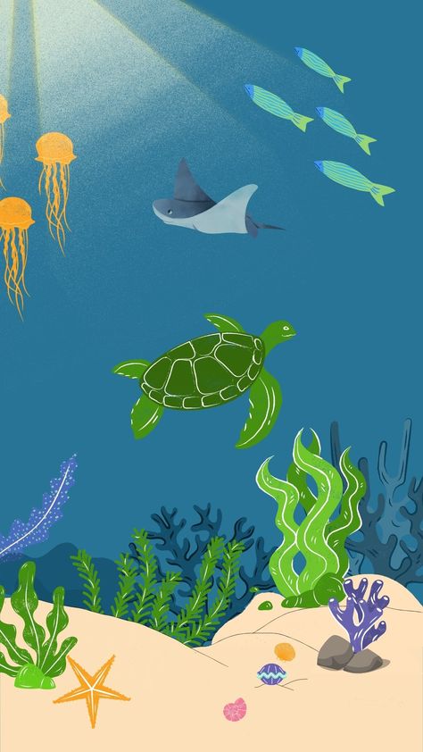 Sea Floor Illustration, Under The Sea Mural Painting, Aquarium Drawing, Under World, Save Water Poster Drawing, Sea Murals, Underwater Cartoon, Cute Backgrounds For Iphone, Underwater Painting