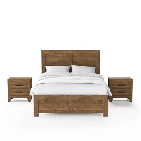 Perfect for a modern farmhouse style home, this transitional platform bed and nightstand feature a rustic light walnut woodgrain finish with a distressed look. Adding to the simplistic aesthetic is a square, panel style headboard, and footboard on the bed, as well as flush drawer fronts adorned with wide black drawer, pulls on the nightstand. Block-like tapered feet add a touch of character. Walnut Wood Bedroom, Nashville Bedroom, Farmhouse Style Bedding, Homes Inside, Wood Bedroom Sets, Rustic Light, Rustic Nightstand, Style Bed, Dresser Sets