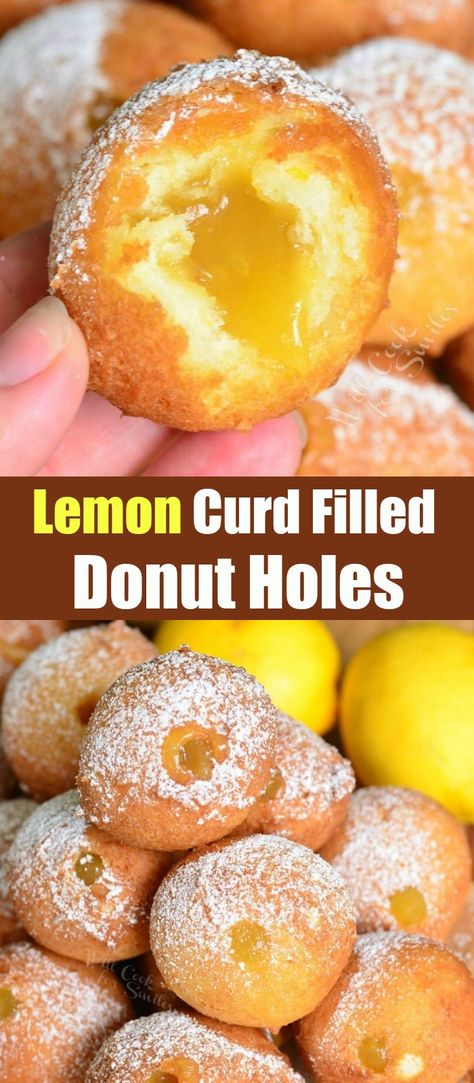 Super easy, no yeast doughnut holes made with a touch of lemon zest and then filled with tangy lemon curd. Quick and easy lemony sweet breakfast treat. #lemon #donutholes #donuts #lemoncurd #breakfast Donut Hole Recipe, Doughnut Recipe Easy, Homemade Donuts Recipe, Doughnut Holes, Sweet Breakfast Treats, Lemon Curd Filling, Nice Recipes, Filled Donuts, Homemade Donuts