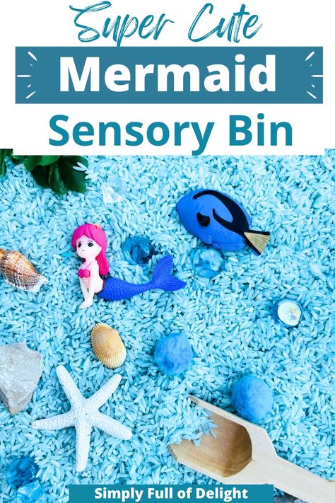 mermaid sensory bin - blue rice, mermaid toys, under the sea creatures, sea shells and more. Mermaid Sensory Bin, Mermaid Sensory, Teacher Door Decorations, Summer Preschool Crafts, Toddler Sensory Bins, Summer Preschool Activities, Sea Activities, Mermaid Crafts, Sensory Crafts